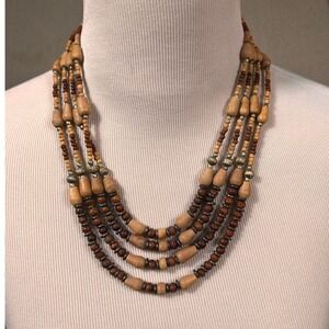 Multi Strand Wooden Bead Statement Necklace Boho Tribal Brown Tan Adjustable